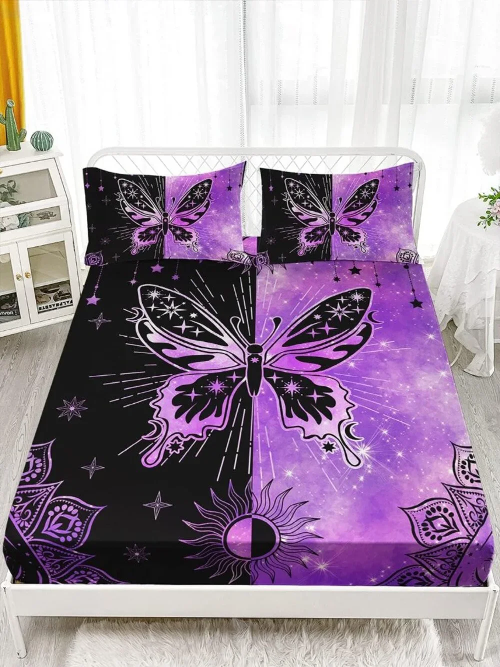 Butterfly Twin Fitted Sheet Set, Microfiber 3 Piece Twin Bedding Sets Starry Sun